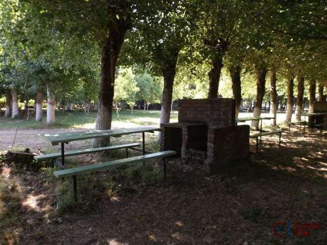 Zona de mesas bajo los árboles junto al río Laja